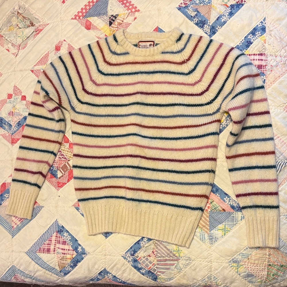 VINTAGE WOOL  Striped Crew Neck Sweater - Cream, Blue, Red